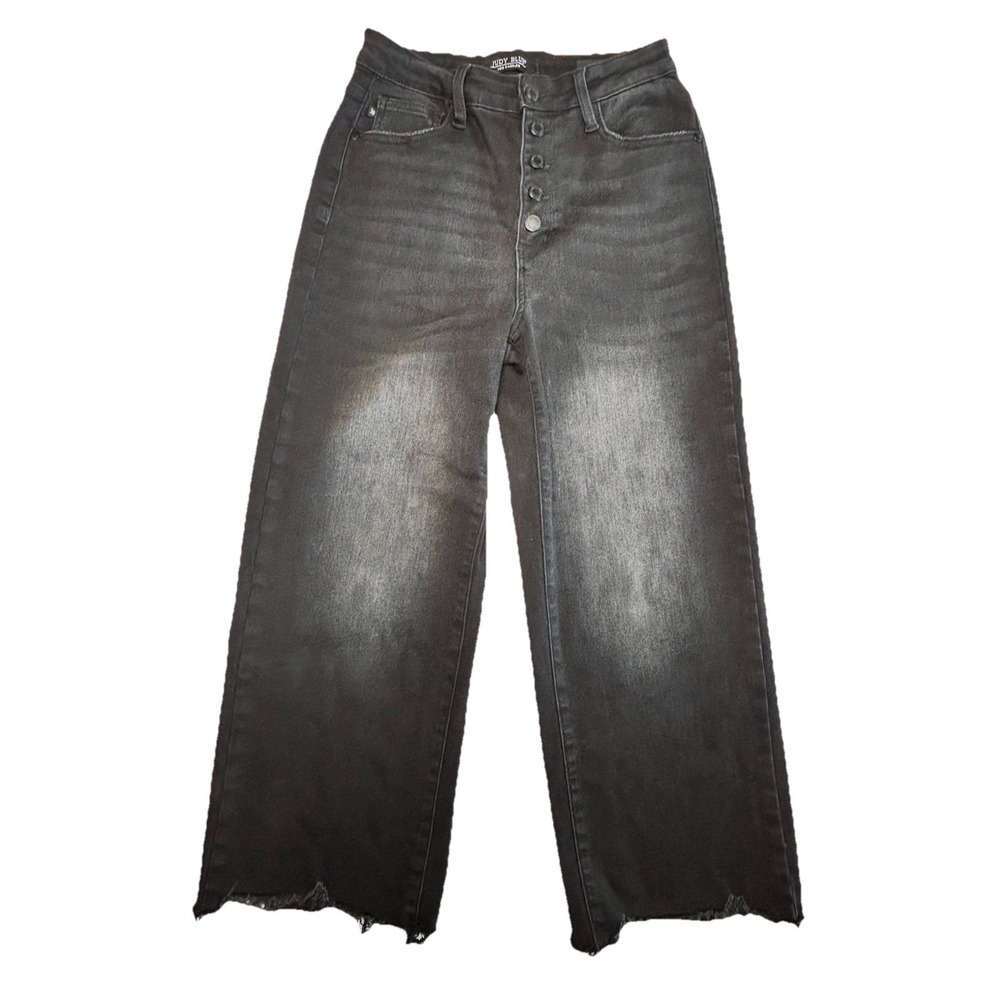 Judy Blue Wide Crop Jeans Womens 7/28 Black High Rise Raw Hem Stretch